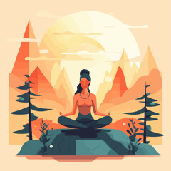 Woman in meditation. Lotus pose sitting with legs crosse. Spiritual yoga exercise minimalistic vector.