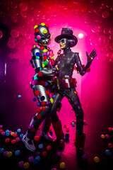 Generative AI illustration of couple of man and woman artificial intelligence semi-human robots in love dressed in latest fashion with hat dancing in a trendy nightclub