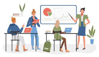 Student people training with teacher in classroom vector illustration. Cartoon young woman lecturer pointing to whiteboard with graph and chart, teaching group of students in lesson or lecture