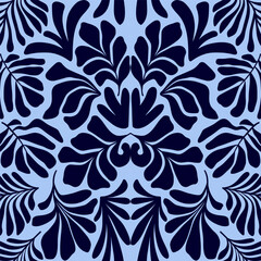 Blue abstract background with tropical palm leaves in Matisse style. Vector seamless pattern.