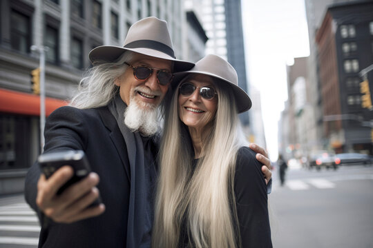 Generative AI illustration of beautiful 60 year old couple with gray hair and hat on the streets of New York