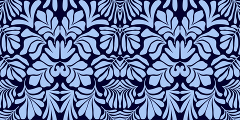 Fototapeta na wymiar Blue abstract background with tropical palm leaves in Matisse style. Vector seamless pattern.