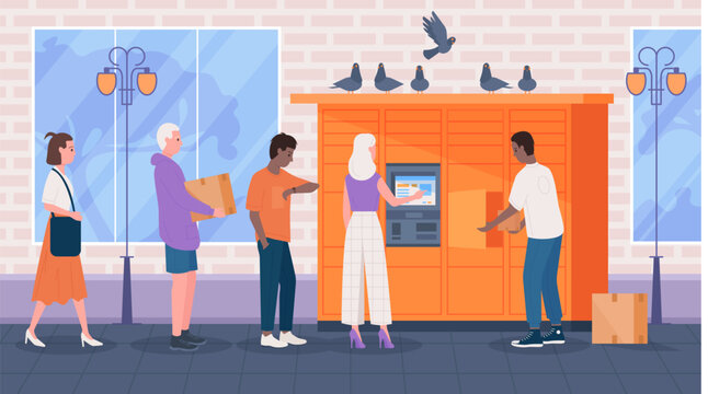 Self service in post office interior, queue to postomat vector illustration. Cartoon people standing in line at postal automat locker, customers waiting to receive store orders or send parcel boxes