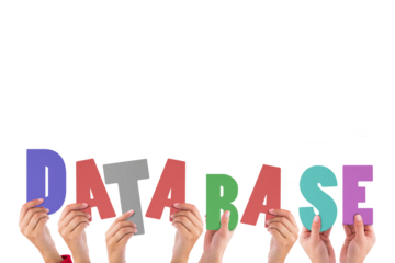 Colorful alphabet spelling database held up by people 