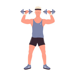 Fototapeta na wymiar Male trainer with dumbbells. Fitness training coach program, gym workout vector illustration