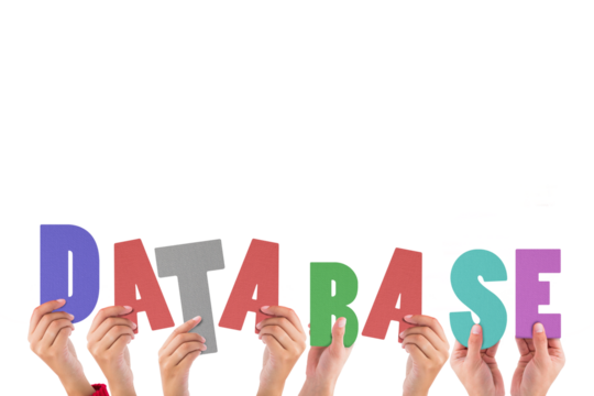Colorful alphabet spelling database held up by people  - Powered by Adobe
