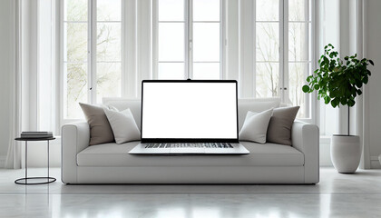 Laptop with empty blank white screen for mockup on table. presentation mockup Ai generated image