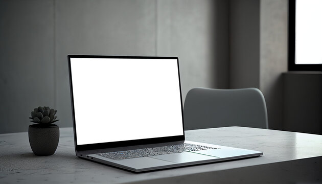 Laptop with empty blank white screen for mockup on table. presentation mockup Ai generated image