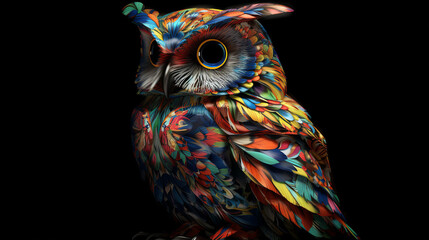 Isolated Colorful 3D Owl On Black Background, Generative Ai