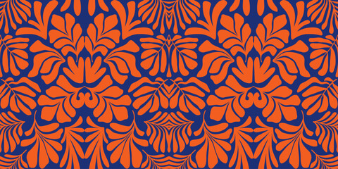 Orange blue abstract background with tropical palm leaves in Matisse style. Vector seamless pattern.