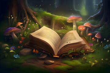 An open book with a magical world in a fairy forest, Generative AI 5