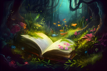 An open book with a magical world in a fairy forest, Generative AI 4 - obrazy, fototapety, plakaty