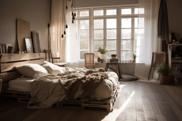 Bedroom in earthy tones, Generative AI