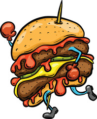 Cartoon Jogging or Running Hamburger or Cheeseburger Cartoon Character Illustration