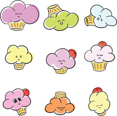Cute Funny Cupcake Cartoon Characters in Cake and Frosting Cartoon