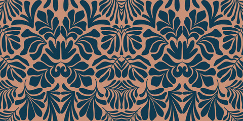 Brown blue abstract background with tropical palm leaves in Matisse style. Vector seamless pattern.