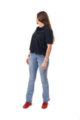 Fototapeta premium young girl turnend and look at the bottom on white background