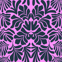 Purple pink abstract background with tropical palm leaves in Matisse style. Vector seamless pattern.