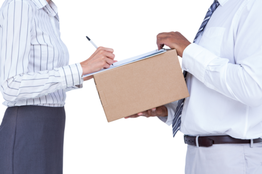 Businessman taking signature on document from businesswoman - Powered by Adobe