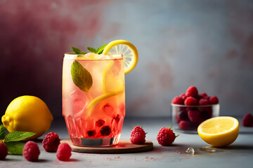 Cool refreshing cocktail or mocktail with raspberry, mint and lemon on light background. Summer coolness. Generative AI, illustration