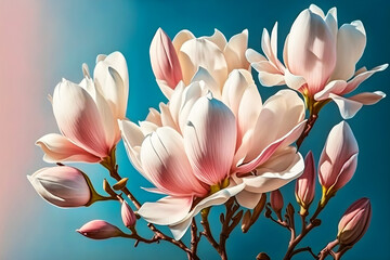 Obraz na płótnie Canvas Beautiful delicate light pink magnolia on blue background in sunlight. Spring and summer, love and romance. Generative AI, illustration
