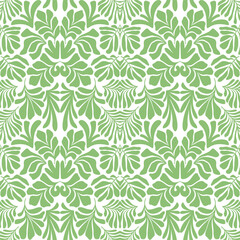 Green white abstract background with tropical palm leaves in Matisse style. Vector seamless pattern.