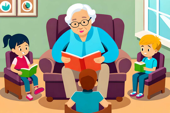 grandmother reads to grandchildren. made with generative AI.