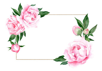 Watercolor frame with pink flowers and golden line. Hand drawn floral template for greeting cards or wedding invitations in pink colors. Rectangular vintage border on isolated background