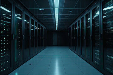 Big data center with server racks. Server room interior. Digital technology hardware. Created with Generative AI