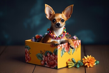 Cute dog looking out from gift box. Pet as present. Puppy inside box with festive ribbons. Generative AI
