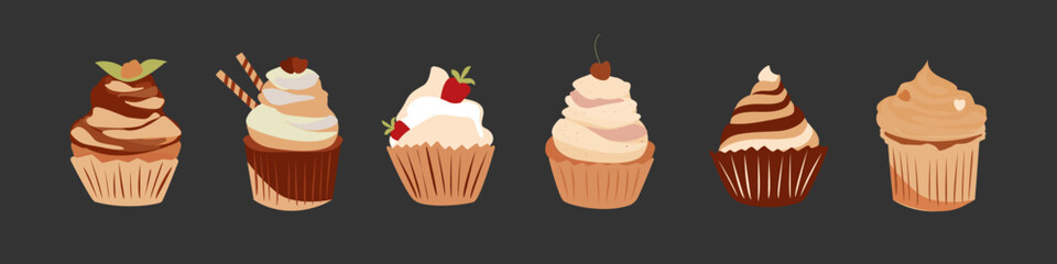 Set of cupcakes on dark background. Desserts set. Vector illustration. Birthday cupcakes with various toppings, décor and cream on dark background.
