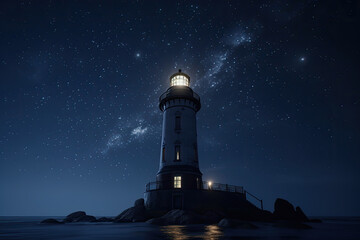 Lighthouse with beam glowing in the dark against background of starry sky. Navigation for ships at sea. Created with Generative AI