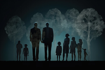 Different generations of family stand together against dark abstract background. Genealogical history of generations, preservation of the memory of relatives. Created with Generative AI