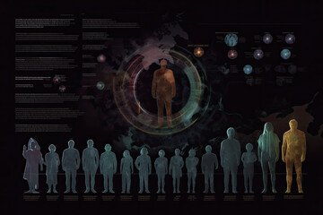 Different generations of family stand together against dark abstract background. Genealogical history of generations, preservation of the memory of relatives. Created with Generative AI
