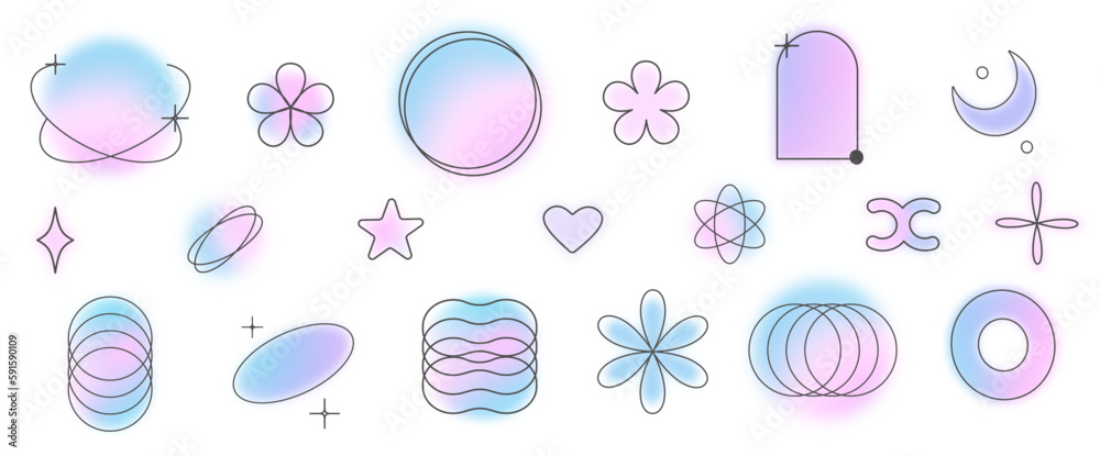 Poster y2k style gradient blurry shapes with linear shapes, blurred aesthetic or floral elements. modern mi
