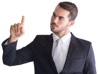 Thoughtful businessman pointing something with his finger