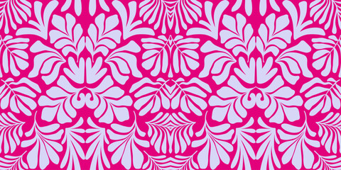 Purple pink abstract background with tropical palm leaves in Matisse style. Vector seamless pattern.
