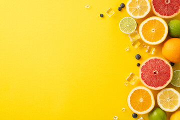 Vibrant top view photo of citrus fruits - oranges, lemons, limes, and grapefruits, on a sunny yellow background, perfect for summer-themed marketing, with an empty space for adding text