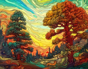 Arboreal Dreamscapes. A Colorful Native-Inspired Digital Painting Celebrating Nature. Generative Ai