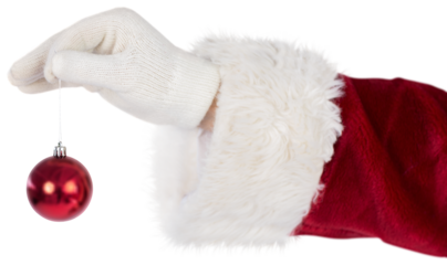 Santas hand is holding a Christmas bulb