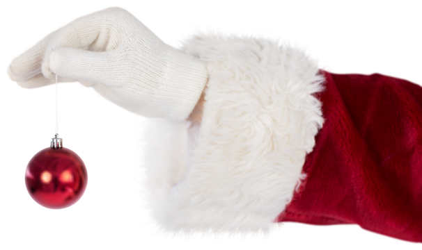Santas hand is holding a Christmas bulb
