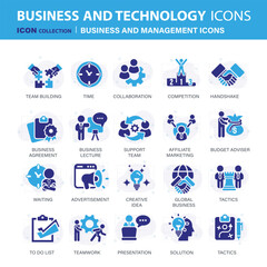Business and management icon set. Icons for leadership, teamwork, job and work, statistics, analytics and advertising. Flat vector illustration. Blue icon for business collection	