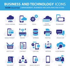 Business and marketing, programming, data management, internet connection, social network, computing, information. Flat vector illustration	
