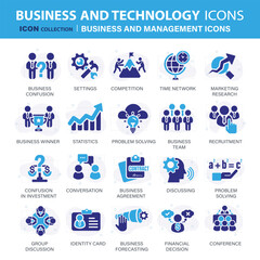 Business and marketing, management, find job, meeting, teamwork collection. Set of blue icons set. Flat vector illustration