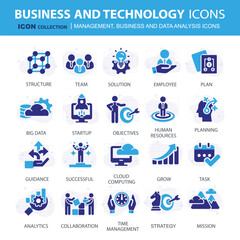 Business, data analysis, organization management and technology icon set. Teamwork, strategy, planning, marketing, cloud technology, data analysis, employee icon set. Icons vector collection