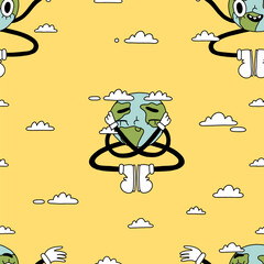 Eco seamless pattern in groovy retro cartoon style. Happy earth day, environment day, ecology design. Trendy vintage cute earth planet character and clouds on bright sunny yellow background