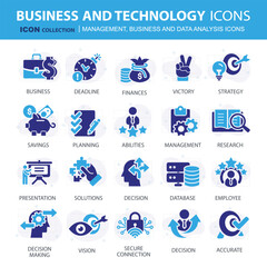 Business, data analysis, organization management and technology icon set. Teamwork, strategy, planning, marketing, cloud technology, data analysis, employee icon set. Icons vector collection