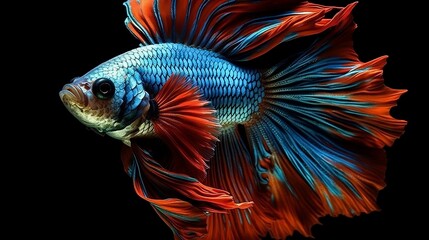 The Siamese fighting fish (Betta splendens), commonly known as the betta, is a freshwater fish, isolated on black background. Generative AI