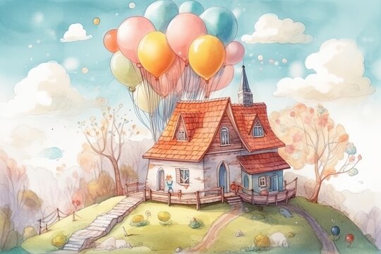 Adorable watercolor painting house in the field with flowers and trees. Pencil drawing with children's style.