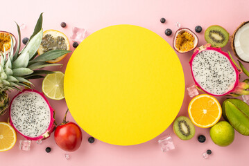 Fruity heaven. A vibrant top view flat lay of tropical fruits such as dragon fruit, kiwi, papaya, pineapple, orange, lime, and coconut, on a pink background and an empty circle for advertising text